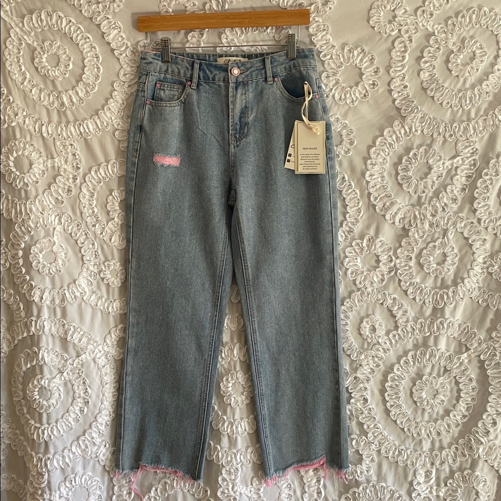 Charlie B high waisted straight leg colored rip pant pink accent & hardware